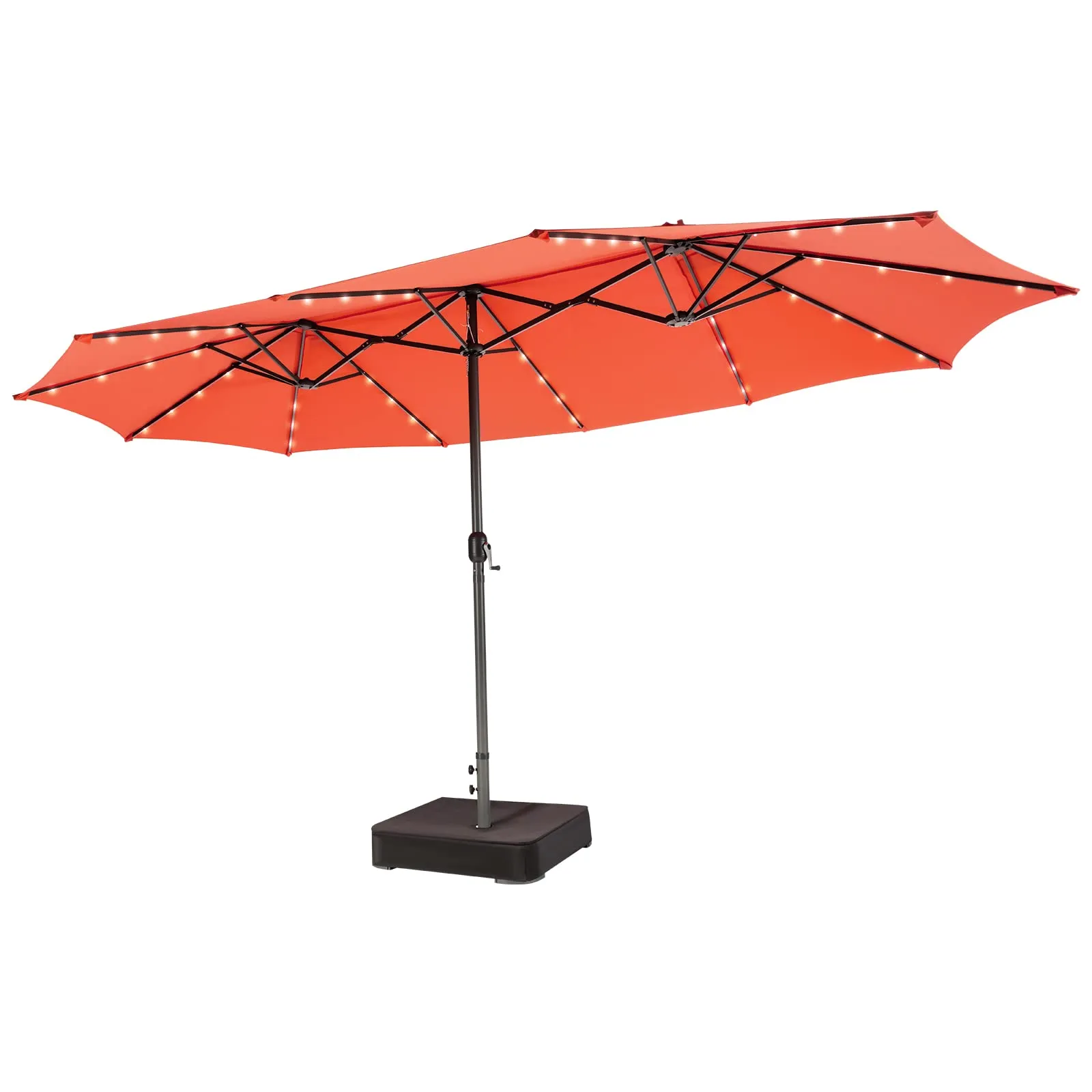 15FT Double-Sided Patio Umbrella with Solar Lights, Extra-Large Umbrella W/ 48 LED Lights & Auto-Charging Solar Panel