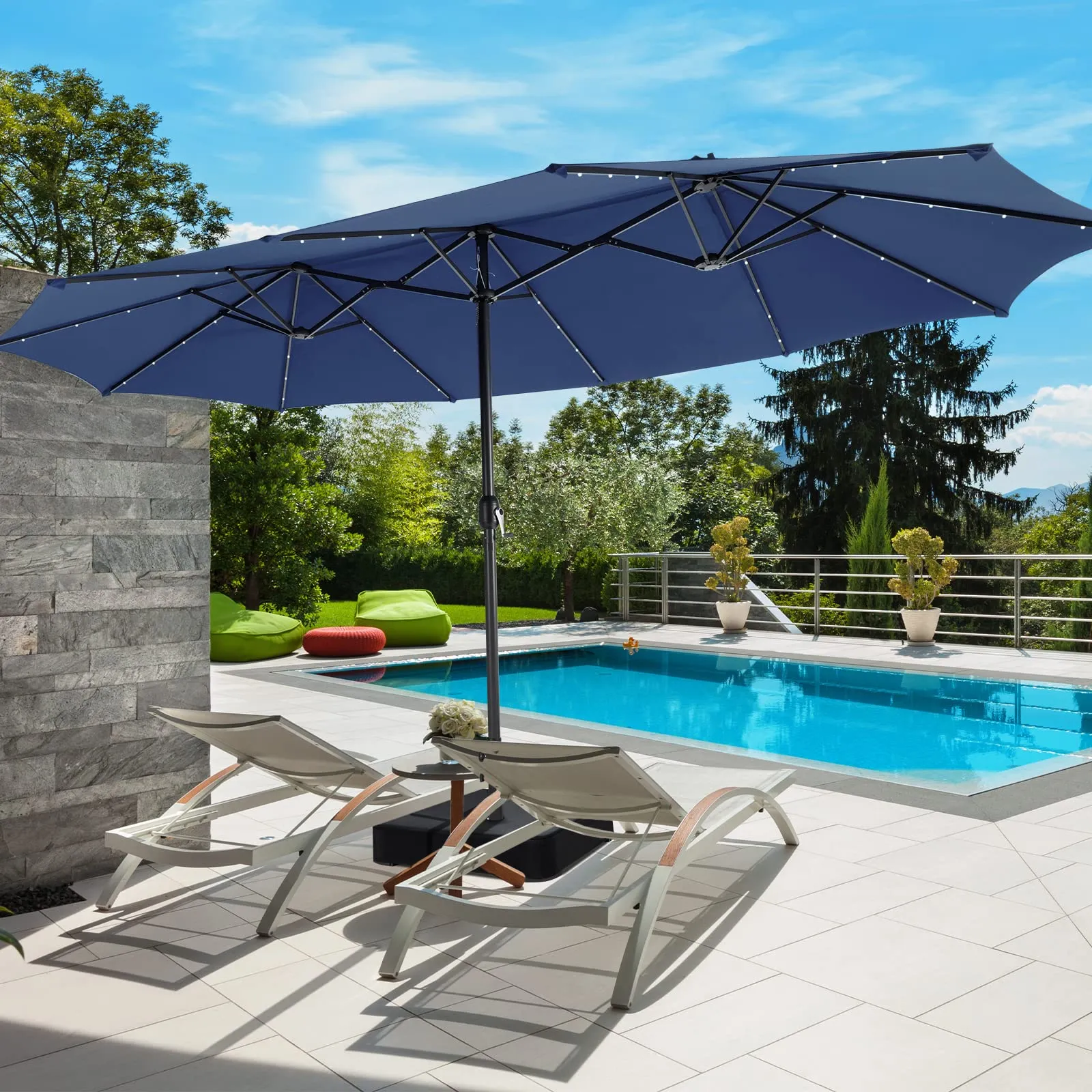15FT Double-Sided Patio Umbrella with Solar Lights, Extra-Large Umbrella W/ 48 LED Lights & Auto-Charging Solar Panel