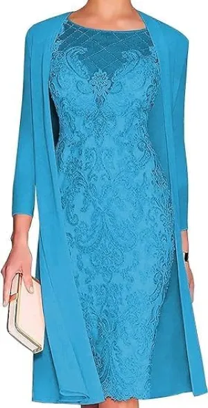 2 Piece Mother of The Bride Dresses with Jacket Chiffon Lace Sheath Evening Dresses for Wedding Guest Midi Length