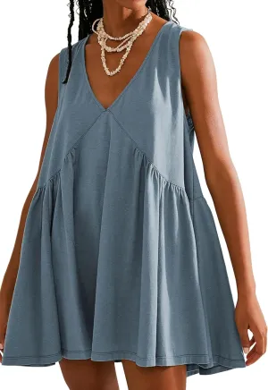 2024 Women Summer Sleeveless Mini Short Dresses V Neck Casual Loose Beach Sundress with Pockets