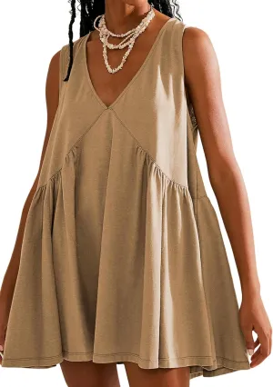 2024 Women Summer Sleeveless Mini Short Dresses V Neck Casual Loose Beach Sundress with Pockets