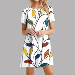 2025 Womens Summer Dress Floral Printed Short Sleeve A-Line Casual Dresses Fashion Pleated Office Dress