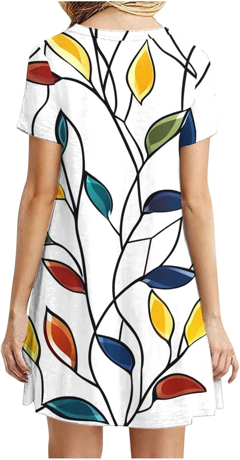 2025 Womens Summer Dress Floral Printed Short Sleeve A-Line Casual Dresses Fashion Pleated Office Dress