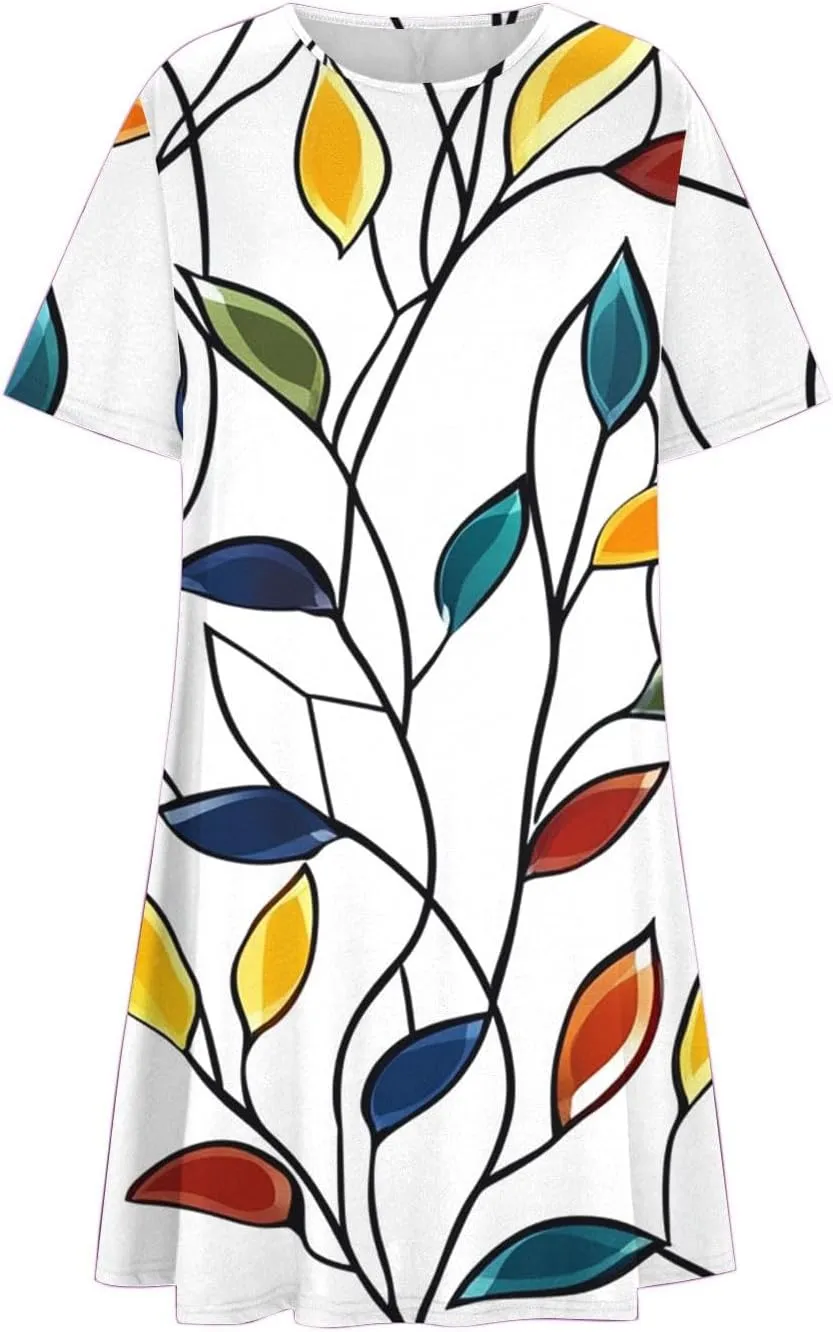 2025 Womens Summer Dress Floral Printed Short Sleeve A-Line Casual Dresses Fashion Pleated Office Dress