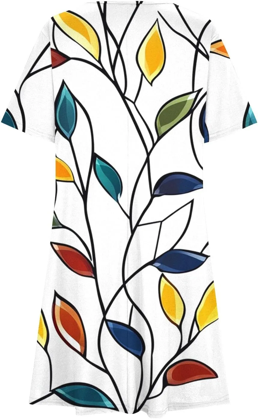 2025 Womens Summer Dress Floral Printed Short Sleeve A-Line Casual Dresses Fashion Pleated Office Dress