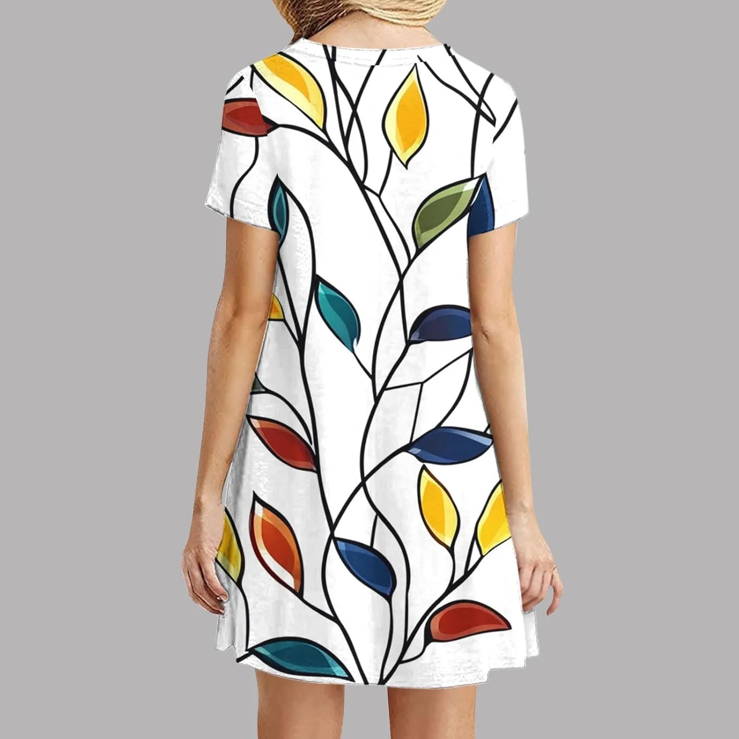 2025 Womens Summer Dress Floral Printed Short Sleeve A-Line Casual Dresses Fashion Pleated Office Dress