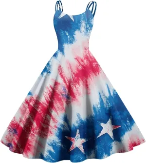 4th of July Womens Dresses Spaghetti Strap American Flag Print Midi Dress 2025 Trendy Summer Vintage Sundress Swing