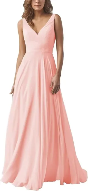 A Line Pleated Chiffon Bridesmaid Dresses Straps for Women, V Neck Prom Dresses Sleeveless Long Evening Dresses