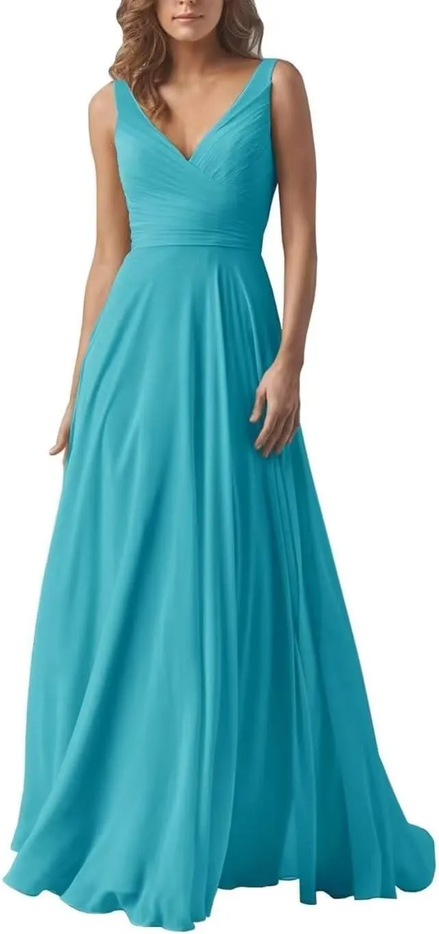 A Line Pleated Chiffon Bridesmaid Dresses Straps for Women, V Neck Prom Dresses Sleeveless Long Evening Dresses