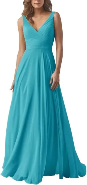 A Line Pleated Chiffon Bridesmaid Dresses Straps for Women, V Neck Prom Dresses Sleeveless Long Evening Dresses