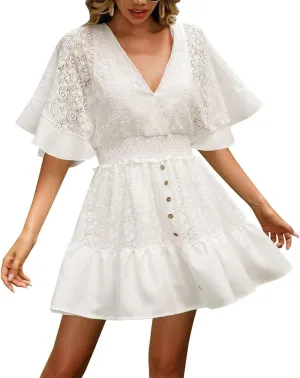 ABAFIP Women's Boho Floral Mini Dress Deep V-Neck Lace Ruffle A-Line Smocked Waist Summer Beach Dresses