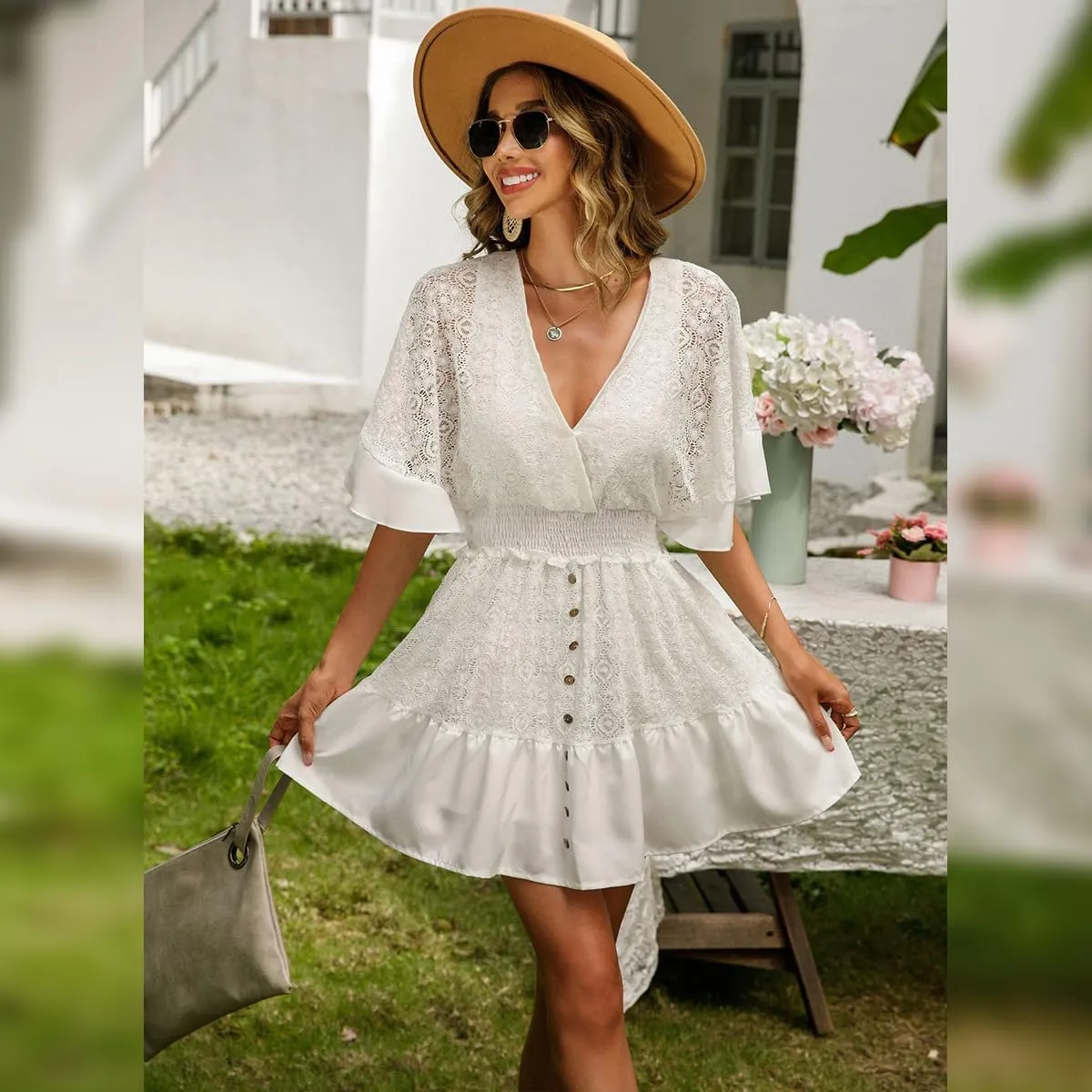 ABAFIP Women's Boho Floral Mini Dress Deep V-Neck Lace Ruffle A-Line Smocked Waist Summer Beach Dresses