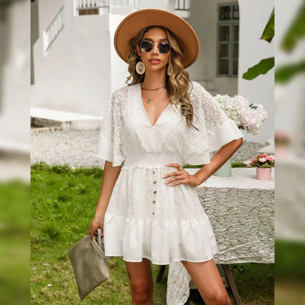 ABAFIP Women's Boho Floral Mini Dress Deep V-Neck Lace Ruffle A-Line Smocked Waist Summer Beach Dresses
