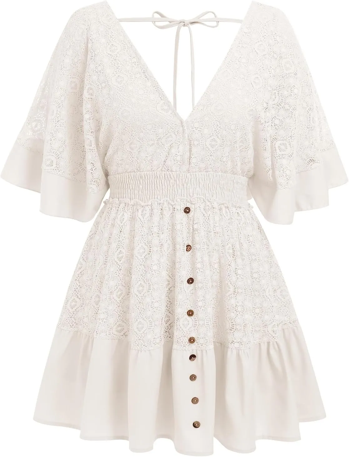 ABAFIP Women's Boho Floral Mini Dress Deep V-Neck Lace Ruffle A-Line Smocked Waist Summer Beach Dresses