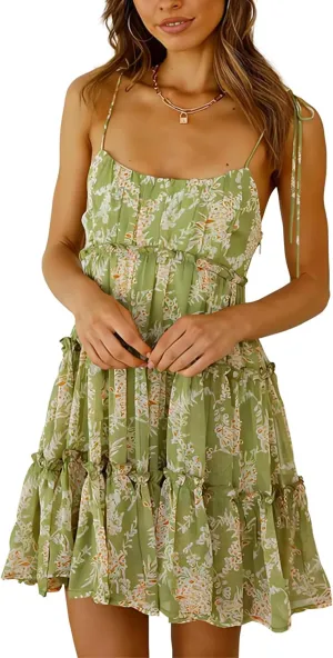ACOSAP Womens 2025 Summer Floral Spaghetti Strap Dress Boho Flowy Dresses Short Beach Vacation Sleeveless Ruffle Mini Dress
