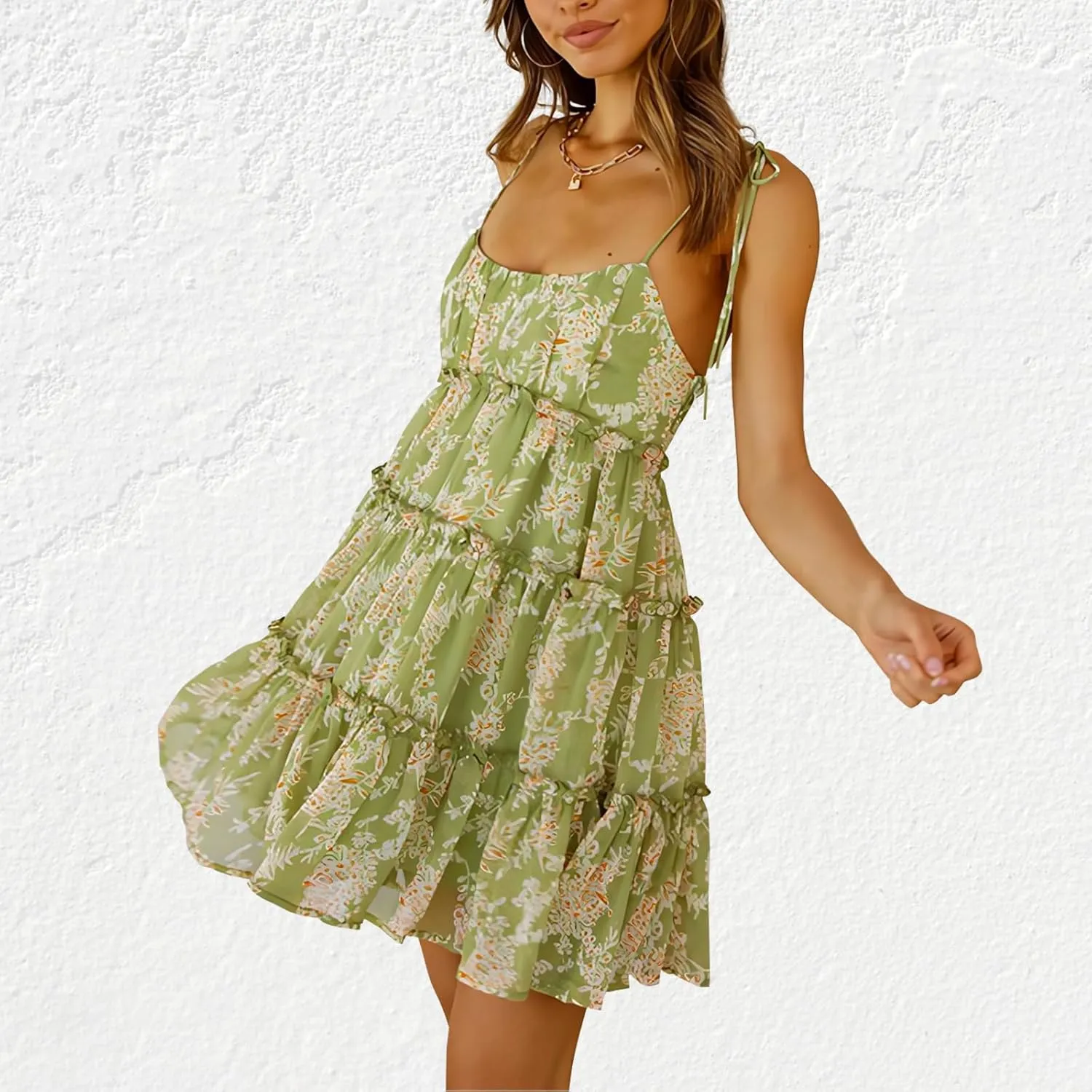ACOSAP Womens 2025 Summer Floral Spaghetti Strap Dress Boho Flowy Dresses Short Beach Vacation Sleeveless Ruffle Mini Dress