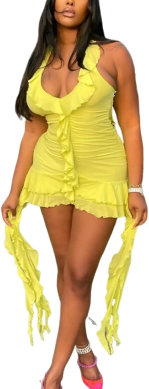 Adogirl Sexy Ruffle Y2K Mini Dress for Women Halter Neck Backless Fringed Ruched Cocktail Summer Party Tassels Short Dresses