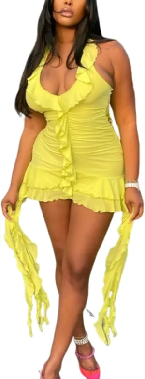 Adogirl Sexy Ruffle Y2K Mini Dress for Women Halter Neck Backless Fringed Ruched Cocktail Summer Party Tassels Short Dresses