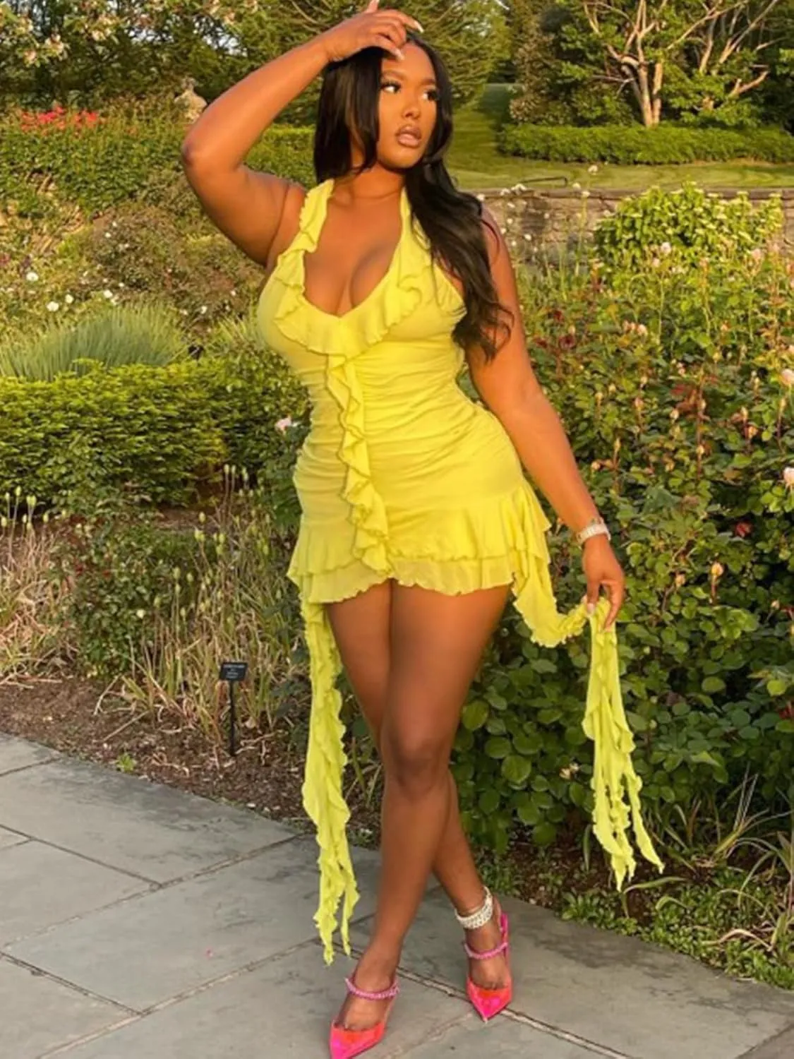 Adogirl Sexy Ruffle Y2K Mini Dress for Women Halter Neck Backless Fringed Ruched Cocktail Summer Party Tassels Short Dresses