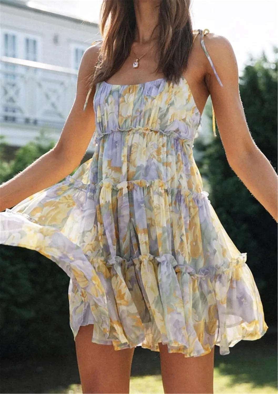 AELSON Sundresses for Women 2025 Floral Summer Dress Boho Flowy Cute Dresses Spaghetti Strap Sleeveless Ruffle Mini Dress