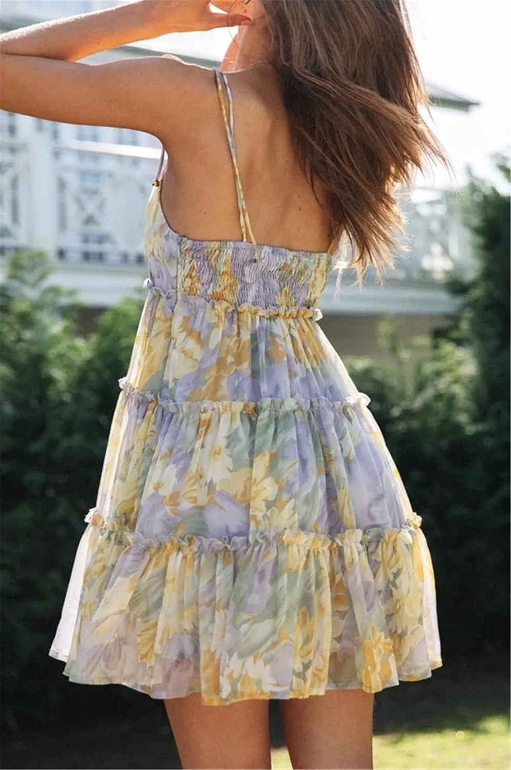AELSON Sundresses for Women 2025 Floral Summer Dress Boho Flowy Cute Dresses Spaghetti Strap Sleeveless Ruffle Mini Dress