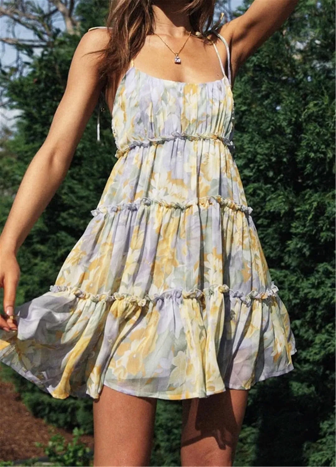 AELSON Sundresses for Women 2025 Floral Summer Dress Boho Flowy Cute Dresses Spaghetti Strap Sleeveless Ruffle Mini Dress