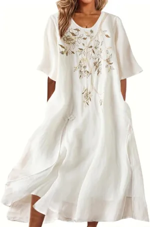Akivide Women's Floral Embroidered Cotton Linen Maxi Dress Summer Classic Half Sleeve Round Neck Flowy Dresses