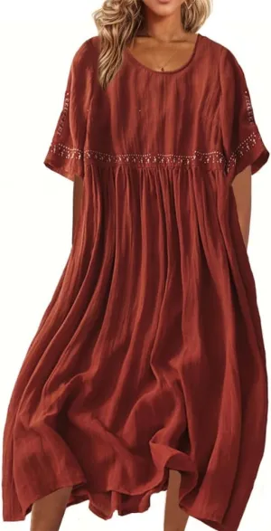 Akivide Women's Floral Embroidered Cotton Linen Maxi Dress Summer Classic Half Sleeve Round Neck Flowy Dresses