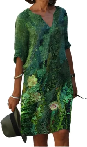 Akivide Women's Summer Boho Linen Floral Print Midi Dress V Neck Short Sleeve Classic Beach Tshirt Dresses for Women