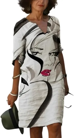 Akivide Women's Summer Boho Linen Floral Print Midi Dress V Neck Short Sleeve Classic Beach Tshirt Dresses for Women