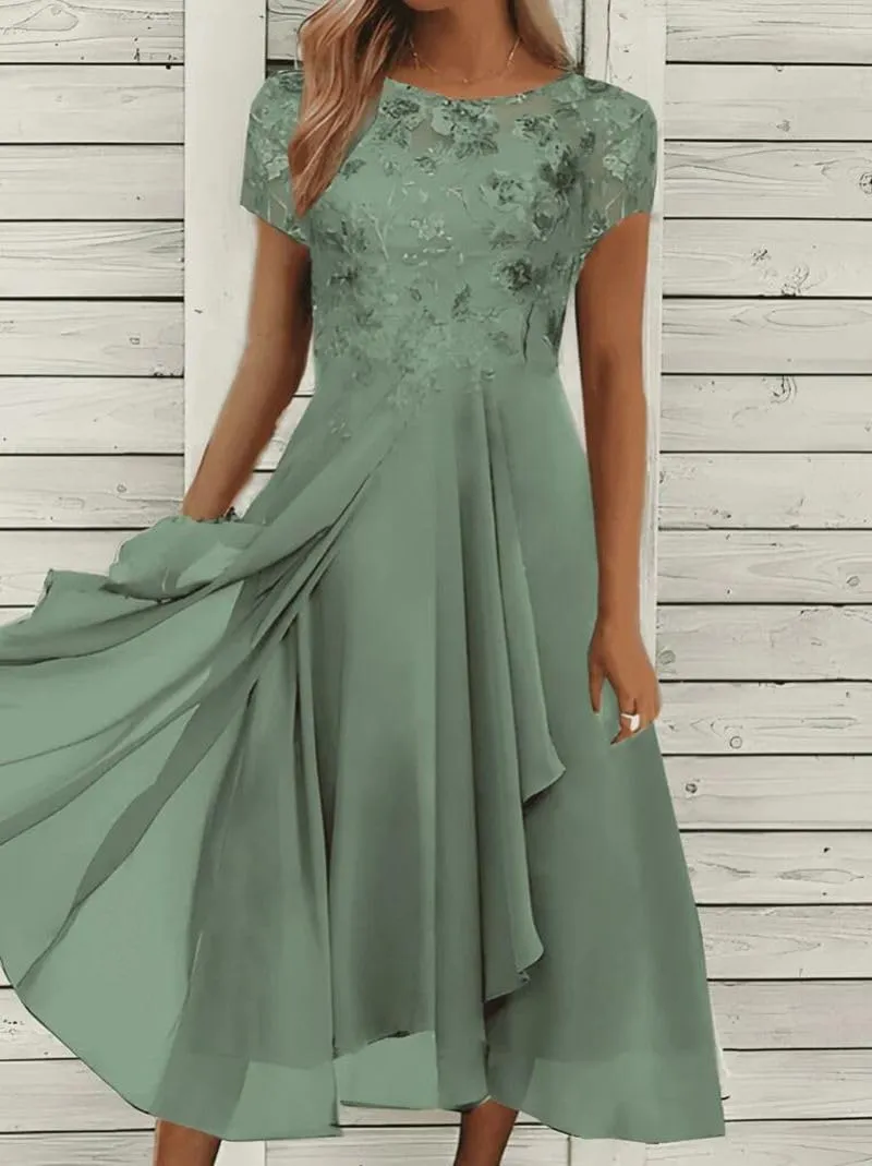Akivide Women's Summer Chiffon Lace Maxi Dresses Short Sleeve Flowy Formal Evening Wedding Guest Dress
