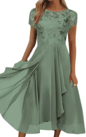 Akivide Women's Summer Chiffon Lace Maxi Dresses Short Sleeve Flowy Formal Evening Wedding Guest Dress