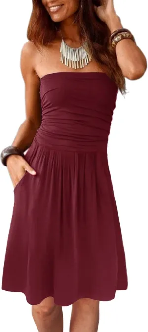 Alaster Queen Women's Bandeau Strapless Summer Dress Cover Up Backless Sunny Beach Sundress with Pockets