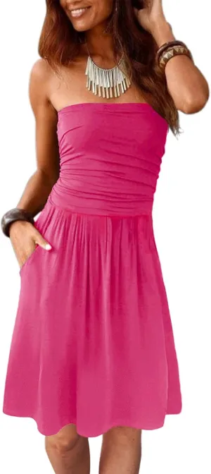 Alaster Queen Women's Bandeau Strapless Summer Dress Cover Up Backless Sunny Beach Sundress with Pockets