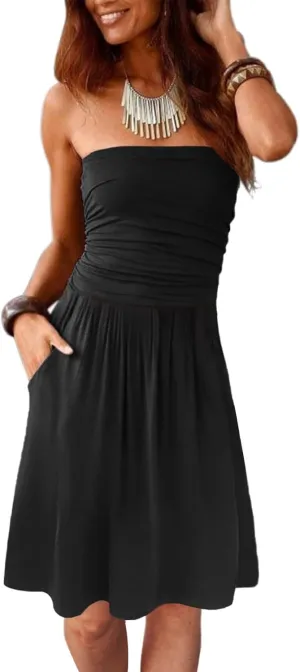 Alaster Queen Women's Bandeau Strapless Summer Dress Cover Up Backless Sunny Beach Sundress with Pockets