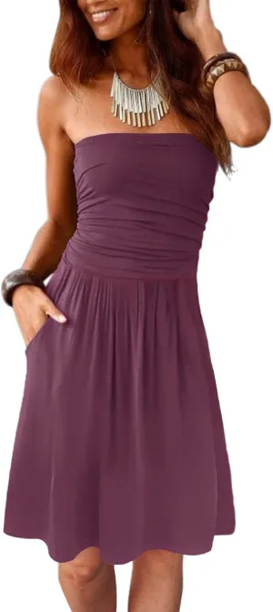 Alaster Queen Women's Bandeau Strapless Summer Dress Cover Up Backless Sunny Beach Sundress with Pockets