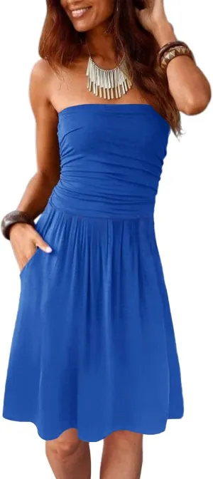 Alaster Queen Women's Bandeau Strapless Summer Dress Cover Up Backless Sunny Beach Sundress with Pockets