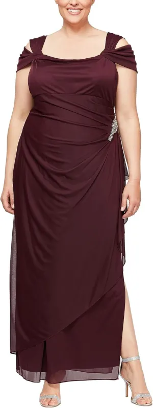 Alex Evenings Women's Cold Shoulder Mother of The Bride Dress W/Ruched Skirt, Formal Event, Wedding Guest Gown (Plus Size)