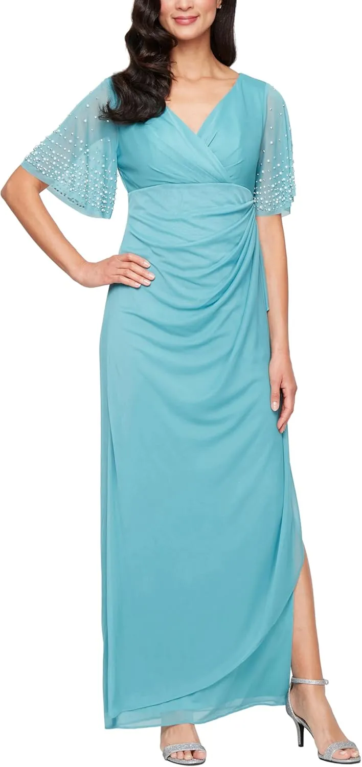 Alex Evenings Women's Flutter Sleeve Long Mother of The Bride Dress with Ruched Empire Waist (Petite and Regular Sizes)
