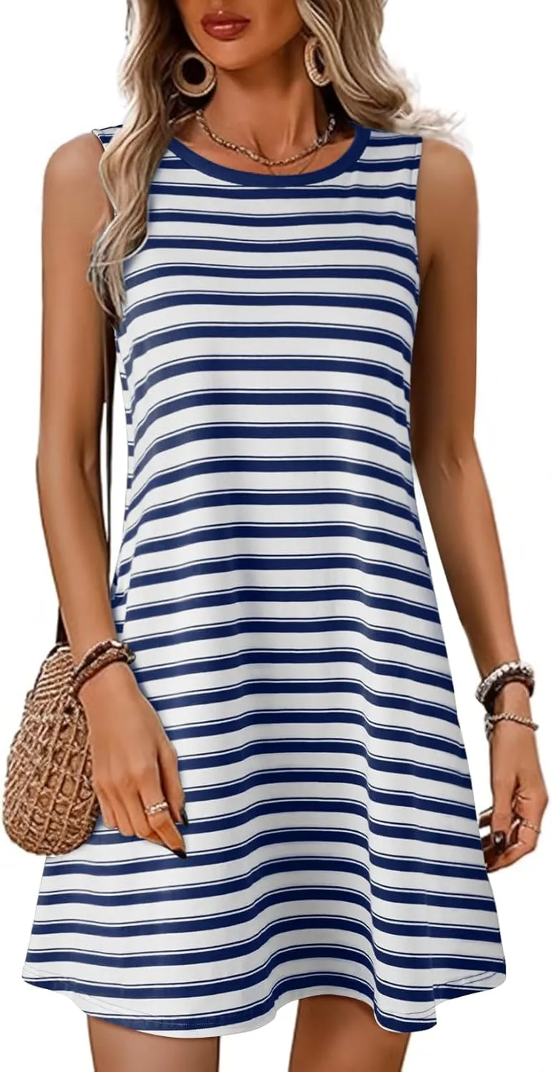 AlvaQ Women Summer Dress 2025 Striped Print Sleeveless Tank Dress Casual Loose Beach Sundress with Pockets