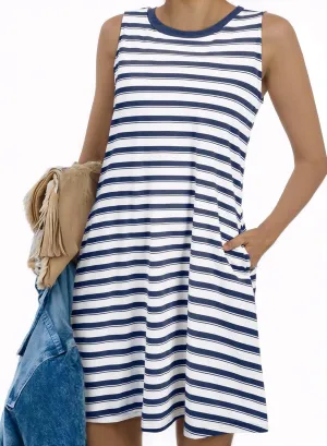 AlvaQ Women Summer Dress 2025 Striped Print Sleeveless Tank Dress Casual Loose Beach Sundress with Pockets