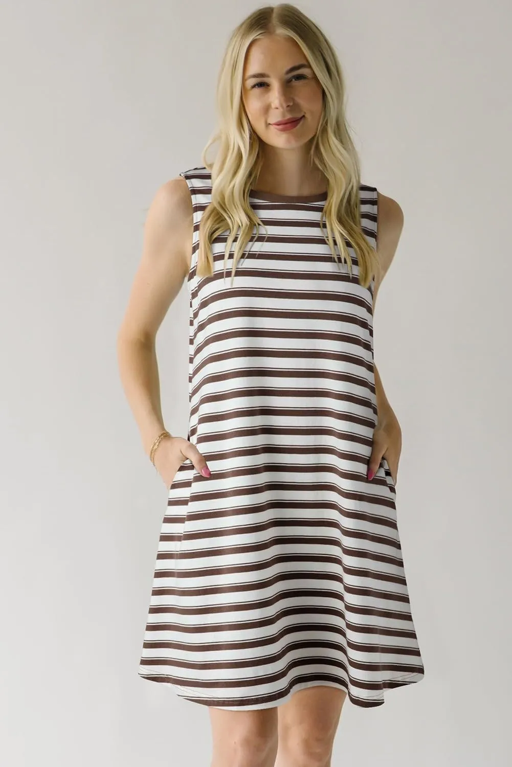 AlvaQ Women Summer Dress 2025 Striped Print Sleeveless Tank Dress Casual Loose Beach Sundress with Pockets