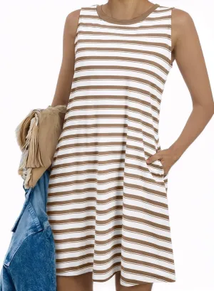 AlvaQ Women Summer Dress 2025 Striped Print Sleeveless Tank Dress Casual Loose Beach Sundress with Pockets