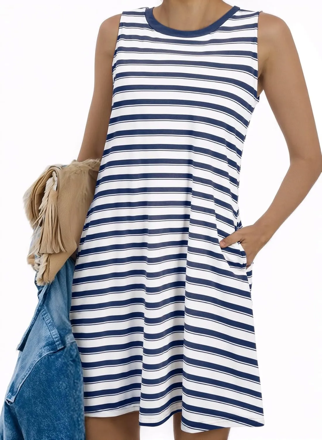 AlvaQ Women Summer Dress 2025 Striped Print Sleeveless Tank Dress Casual Loose Beach Sundress with Pockets