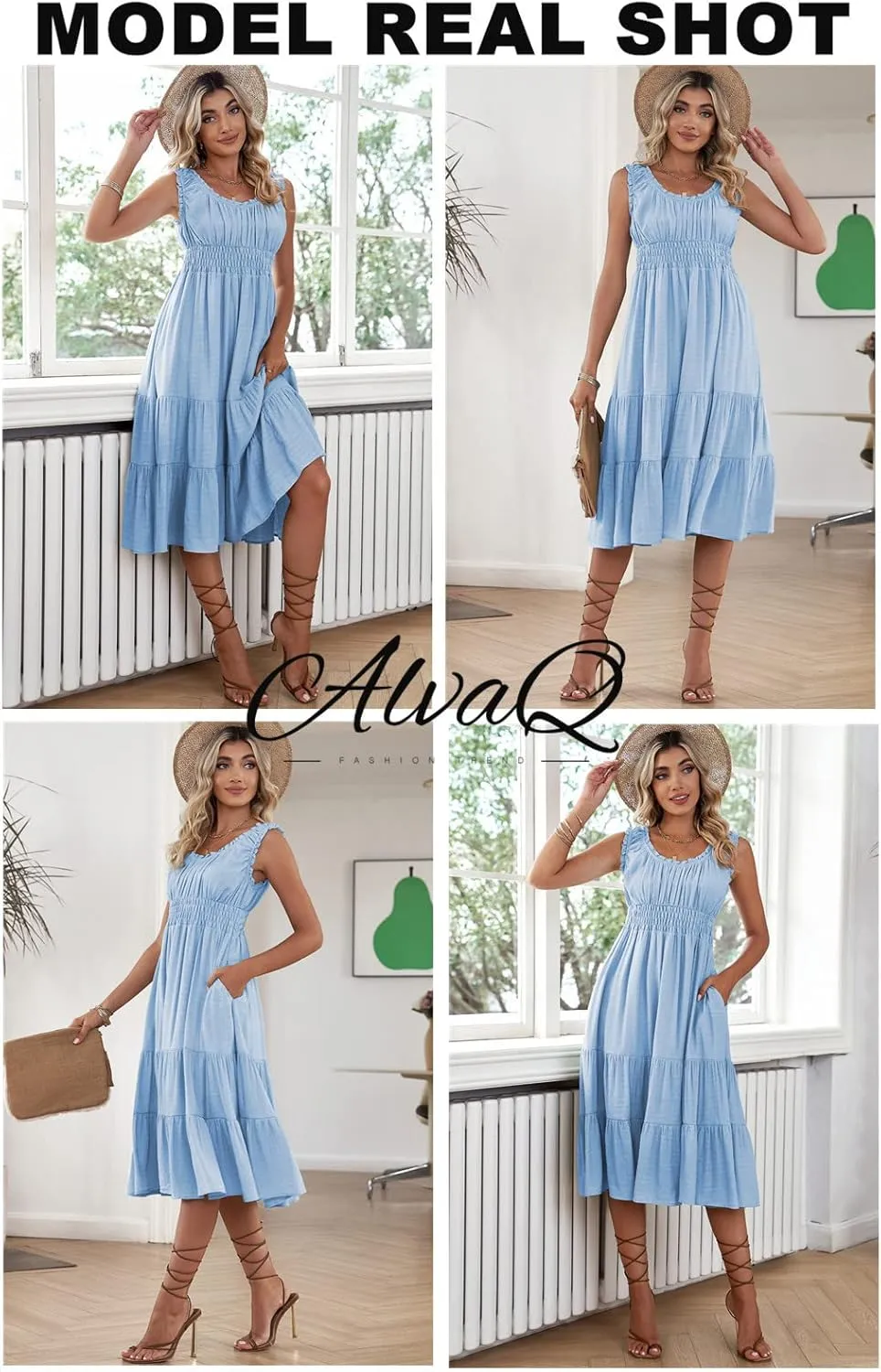 AlvaQ Women Summer Dresses Sleeveless Smocked Midi Dress High Waist Casual Tiered A Line Sundress with Pockets