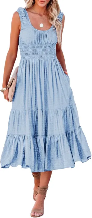 AlvaQ Women Summer Dresses Sleeveless Smocked Midi Dress High Waist Casual Tiered A Line Sundress with Pockets