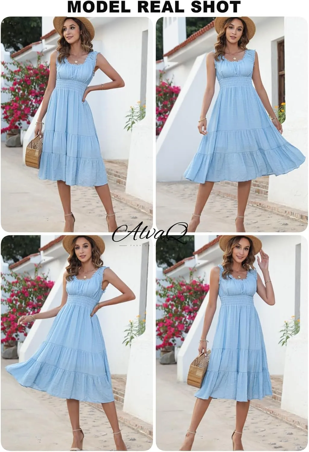 AlvaQ Women Summer Dresses Sleeveless Smocked Midi Dress High Waist Casual Tiered A Line Sundress with Pockets