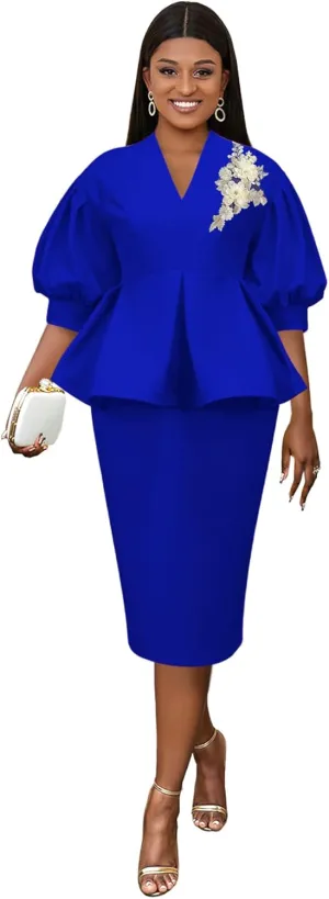 AOMEI Women's V Neck Applique Peplum Office Bodycon Midi Dress Short Puff Sleeve Business Work Pencil Dresses for Women
