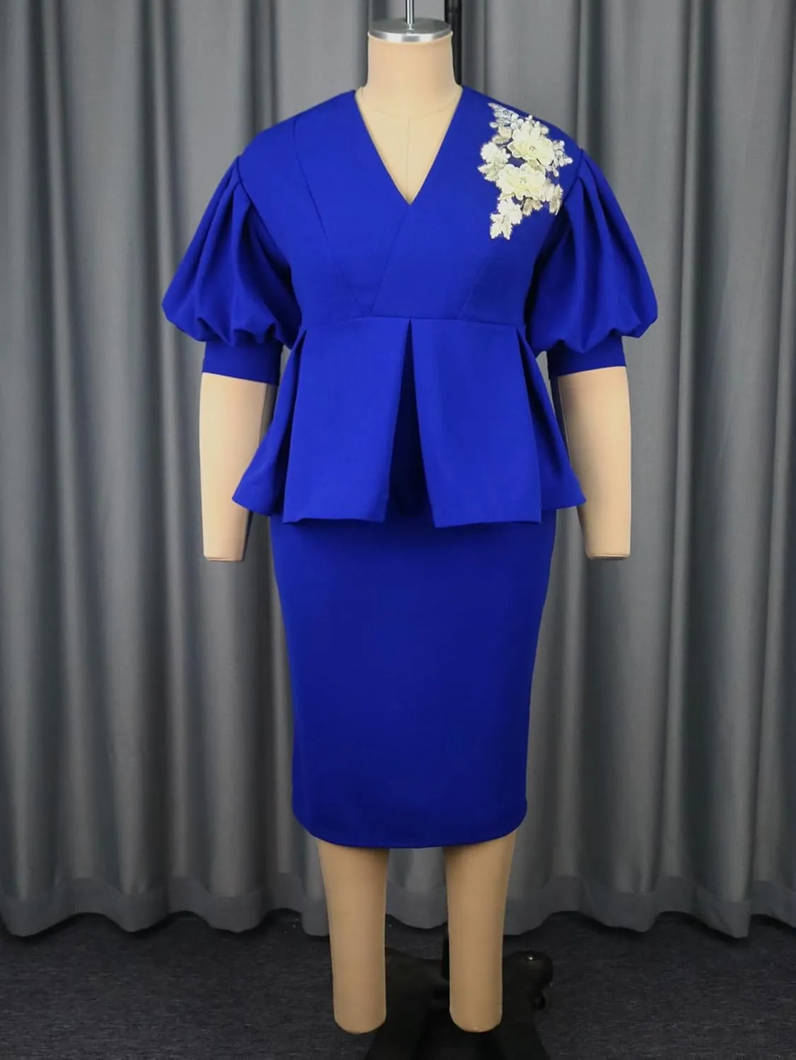 AOMEI Women's V Neck Applique Peplum Office Bodycon Midi Dress Short Puff Sleeve Business Work Pencil Dresses for Women