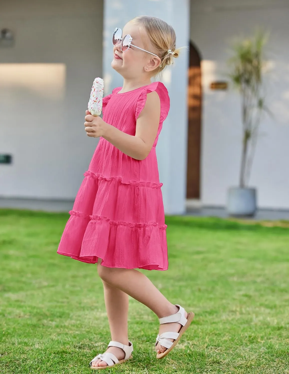 Arshiner Toddler Girls Dress Ruffle Sleeveless Tiered Swing Twirly Dresses Cute Summer Beach Sundress with Pocket for 1-6T